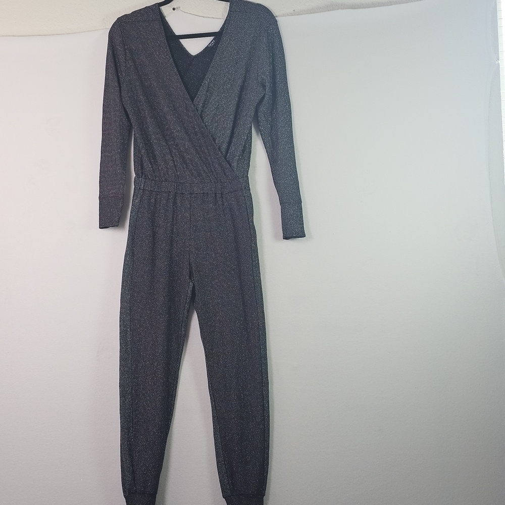 Terez Metallic Sparkle Long Sleeve Jumpsuit – Deep V Neck, Party Romper Sz XS